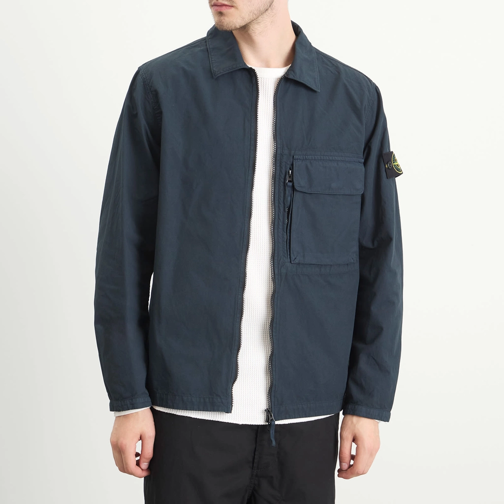 Stone Island Men's Canvas Weave Cotton Zip Shirt Jacket Navy Blue